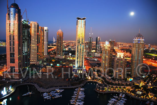 View of the Dubai Marina Development Project (foreground) looking towards Burj Al Arab Hotel, United Arab Emirates